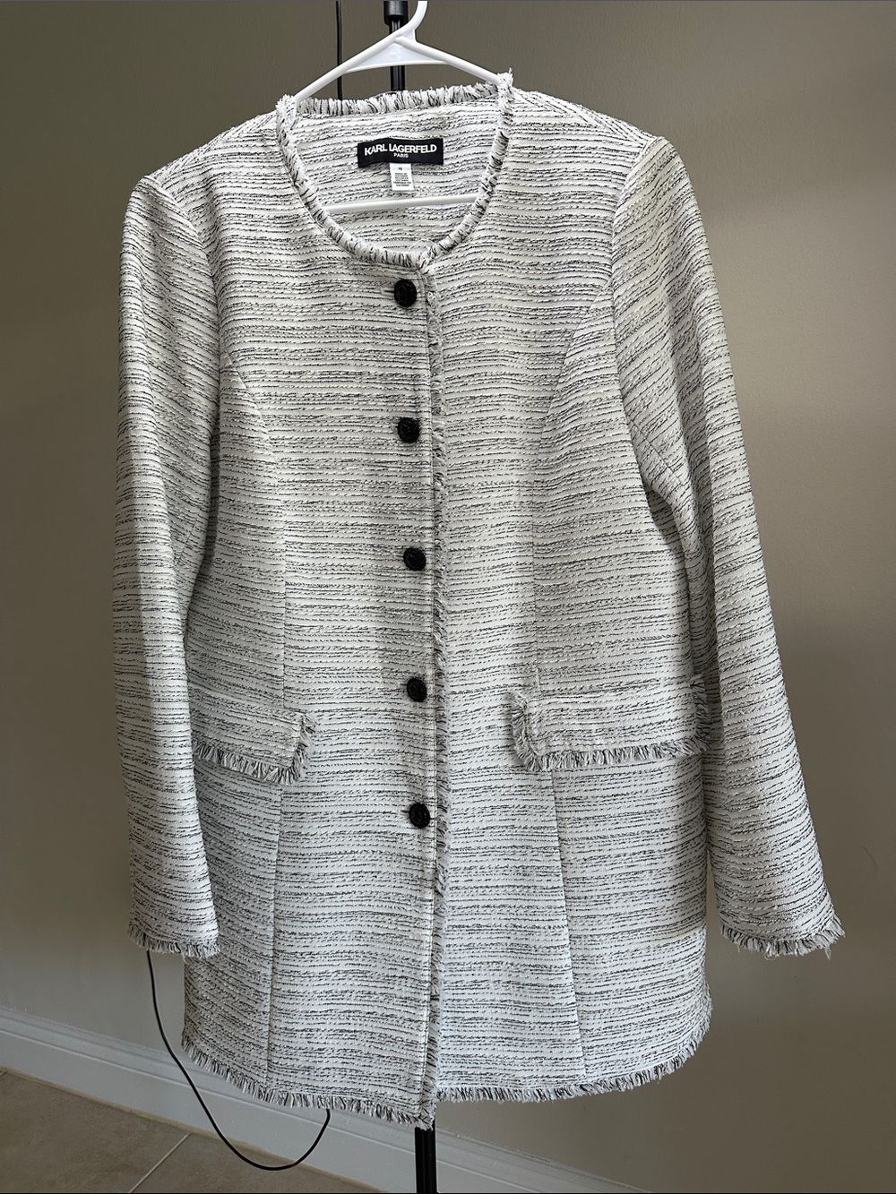 Karl Lagerfeld Cream and Black Tweed Fringe Jacket